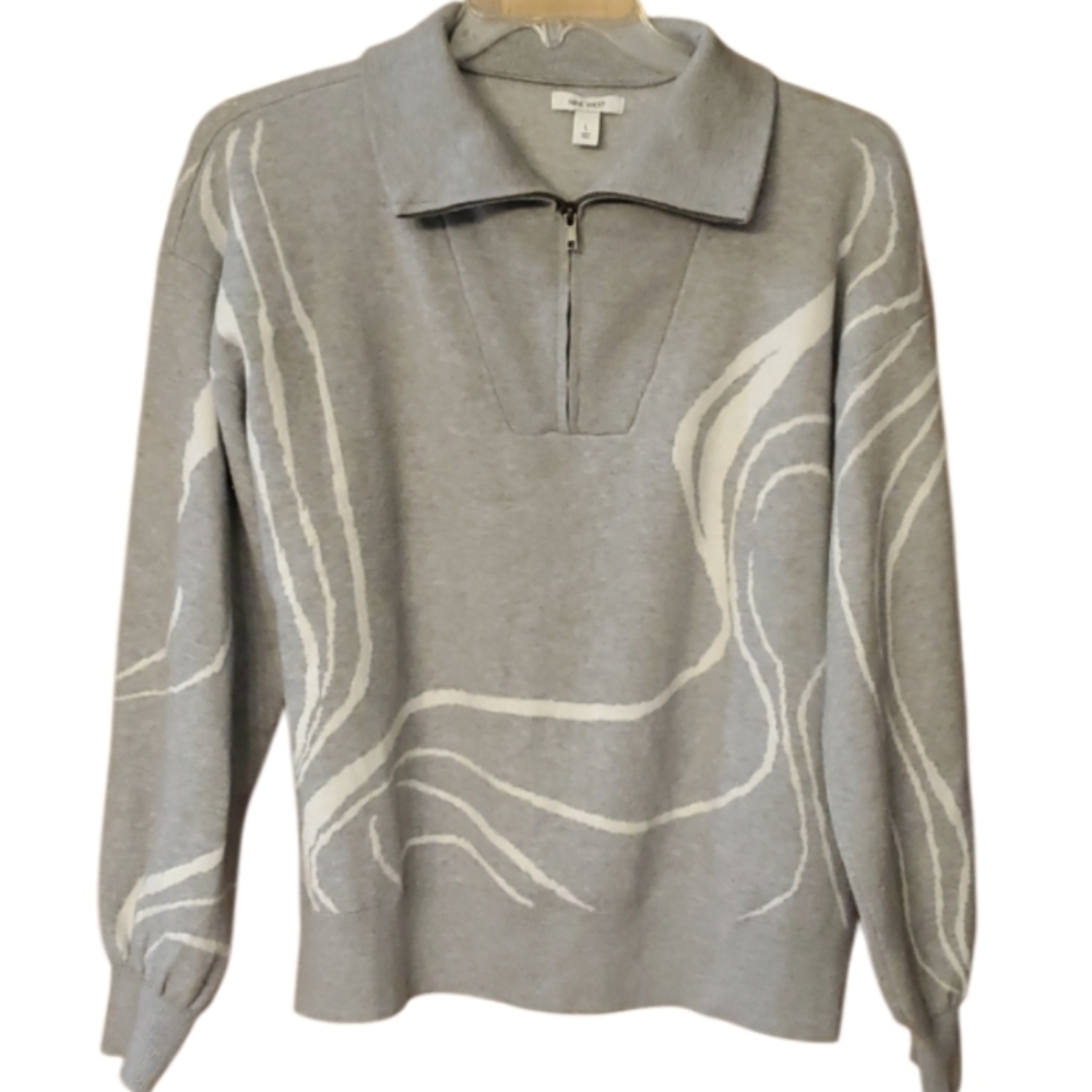 Nine West Womans Gray Patterned Quarter Zip Pullover Top‎ Size Large